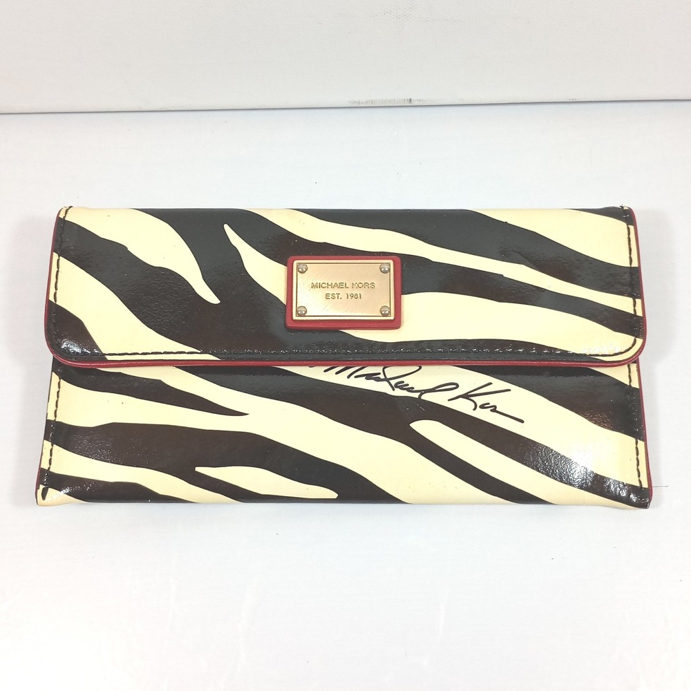 Michael Kors Zebra Print Flap Wallet Black White Red Trim Gold Tone Logo
